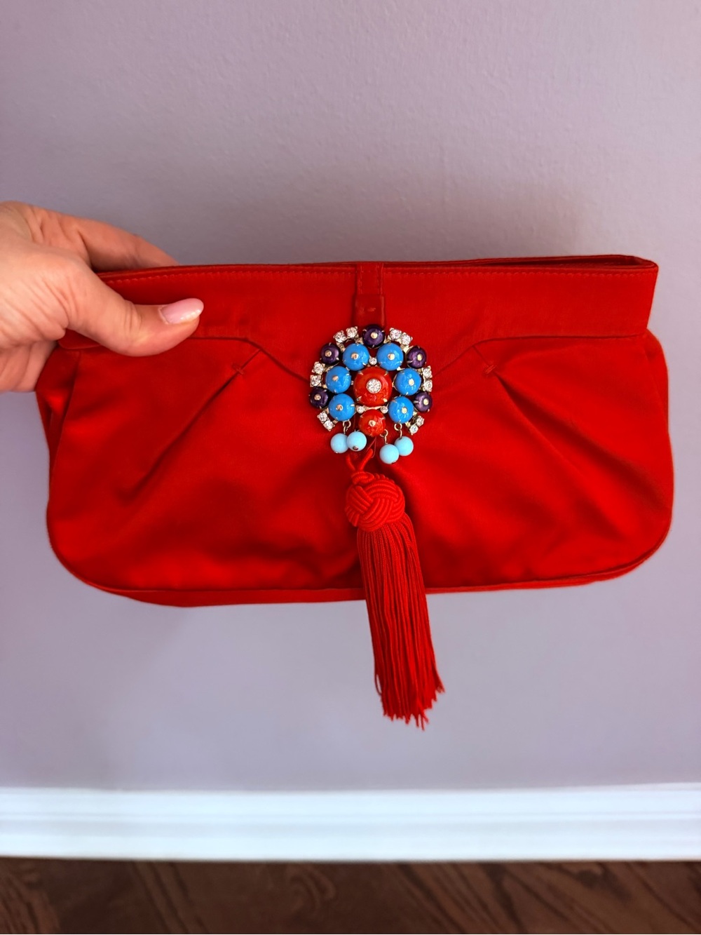 Sergio Rossi Red Silk Clutch Shoulder Strap Beaded Turquoise Accent and Tassel